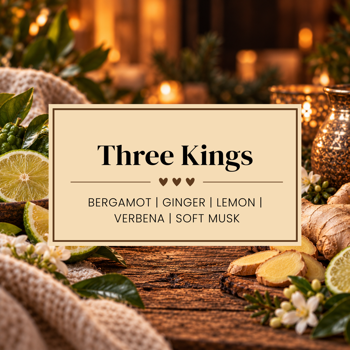Three Kings wax melts and home fragrance by Waxandmelt, featuring bergamot, ginger, lemon, verbena and soft musk.