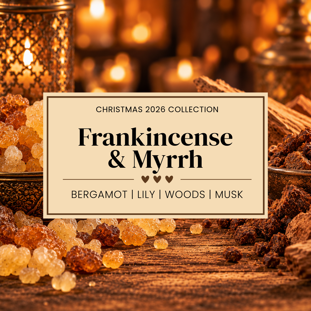 Frankincense & Myrrh fragrance image featuring golden resin, natural wood and warm festive styling.